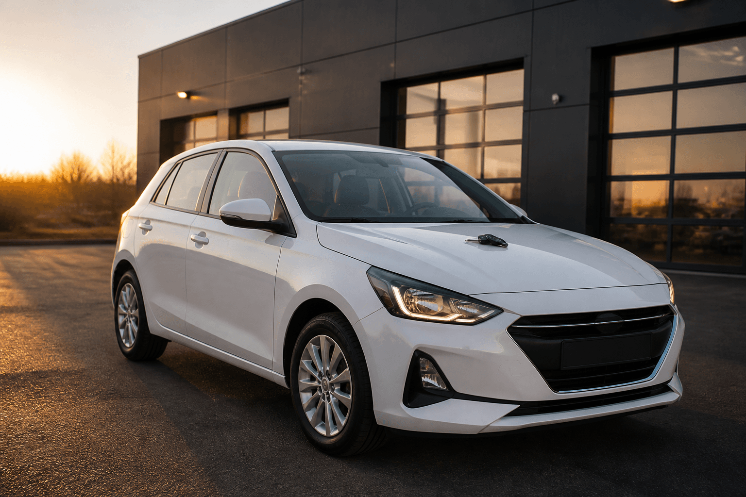 Hatchback de aluguer à porta da oficina